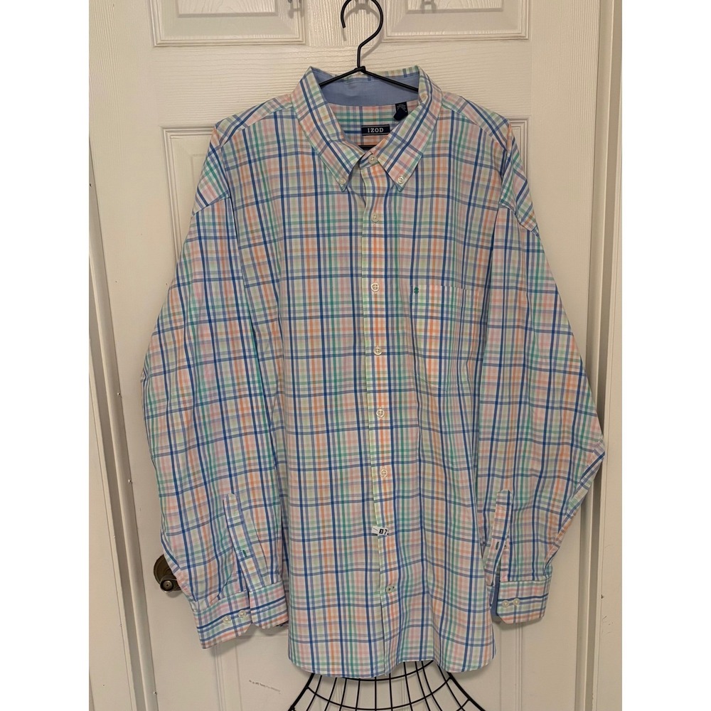 Roundtree & Yorke Trademark Shirt Men 3XB Plaid 100% Cotton Big Blue Coral